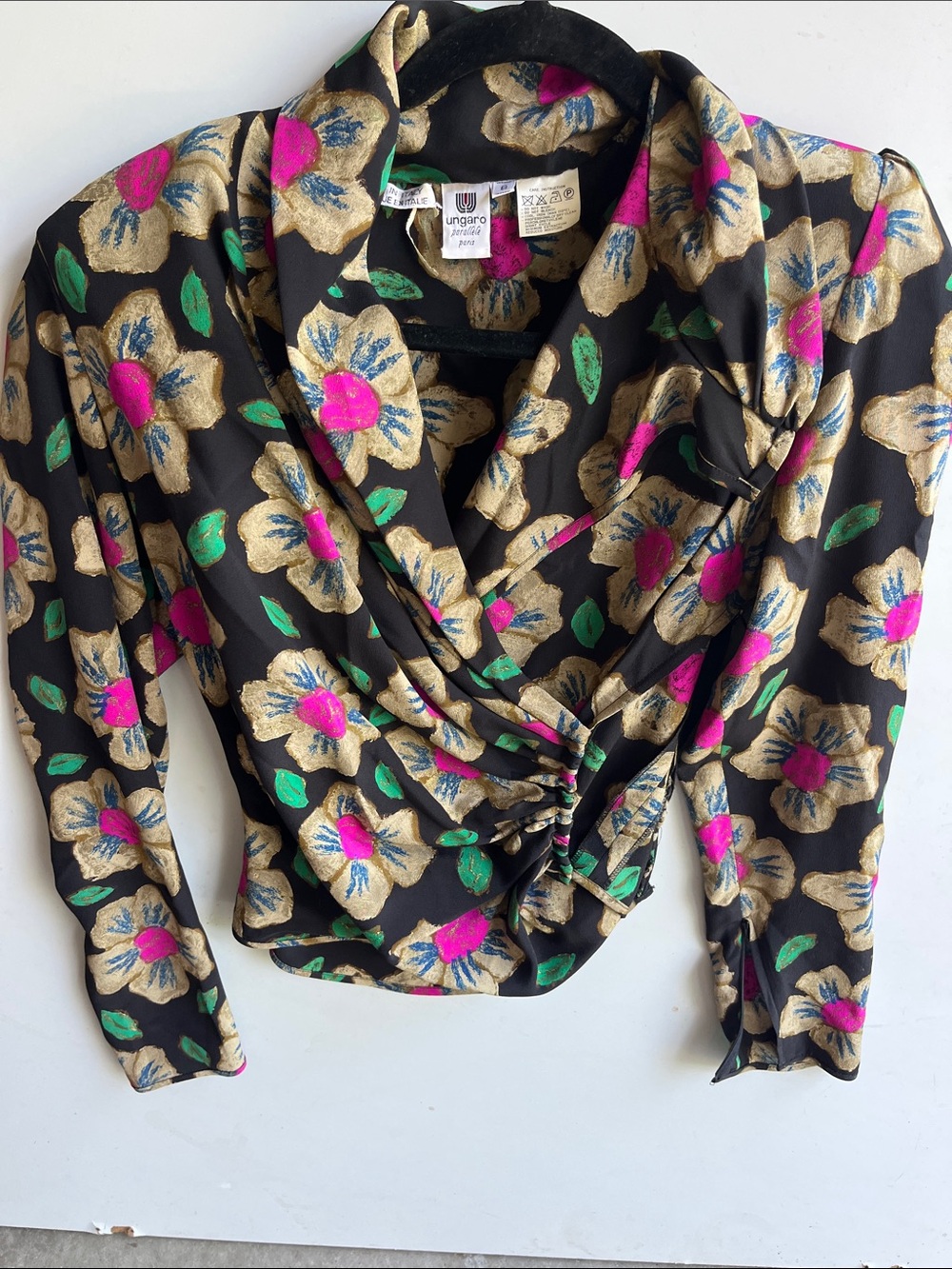 Emanuel Ungaro Black Floral Draped Blouse with Gold and Pink Accents